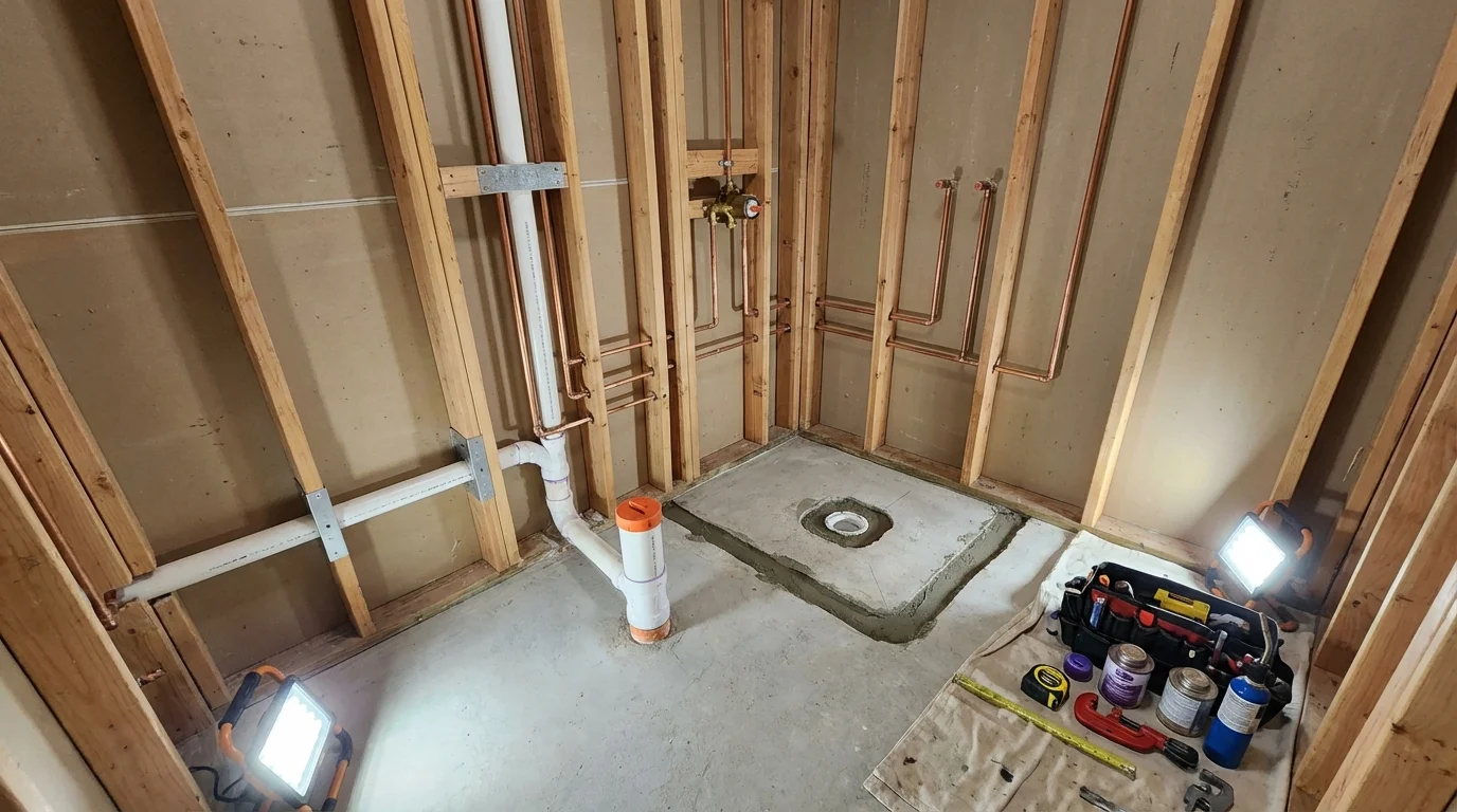 Bathroom rough-in plumbing during remodel by Johns Plumbing LLC in Brusly