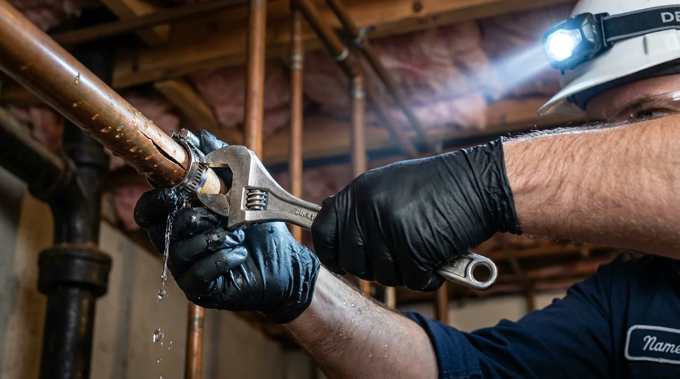 Emergency pipe clamp repair being performed by a Johns Plumbing LLC plumber in Brusly