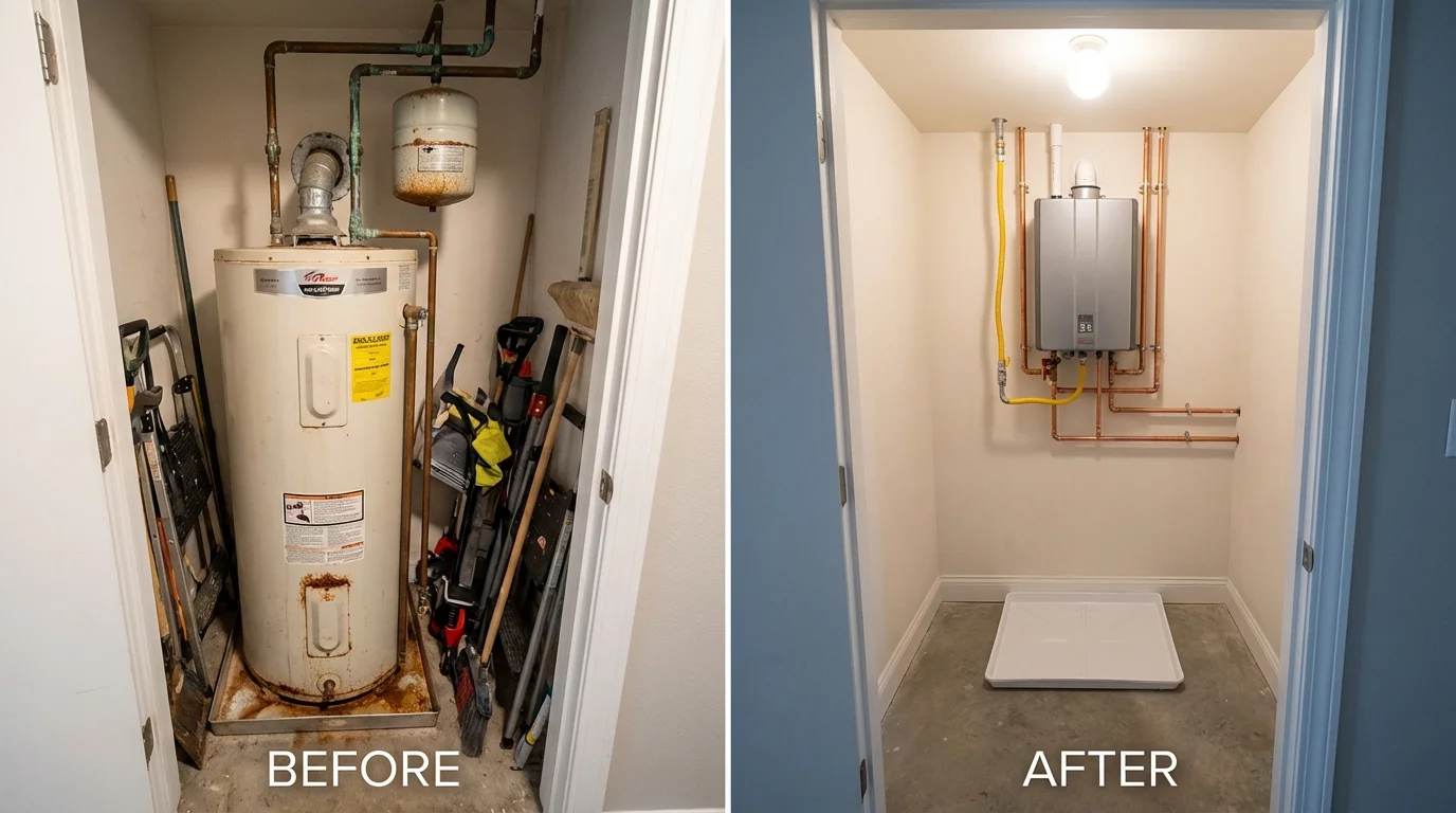 Tank water heater versus wall-mounted tankless unit comparison for Brusly, LA homeowners