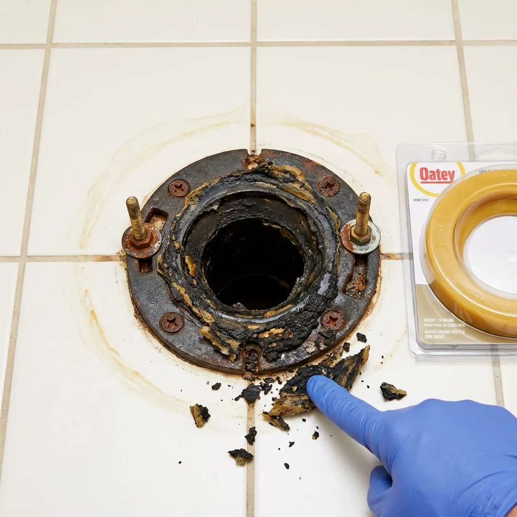 Failed wax ring showing water seepage at the base of a toilet in a Brusly, LA home