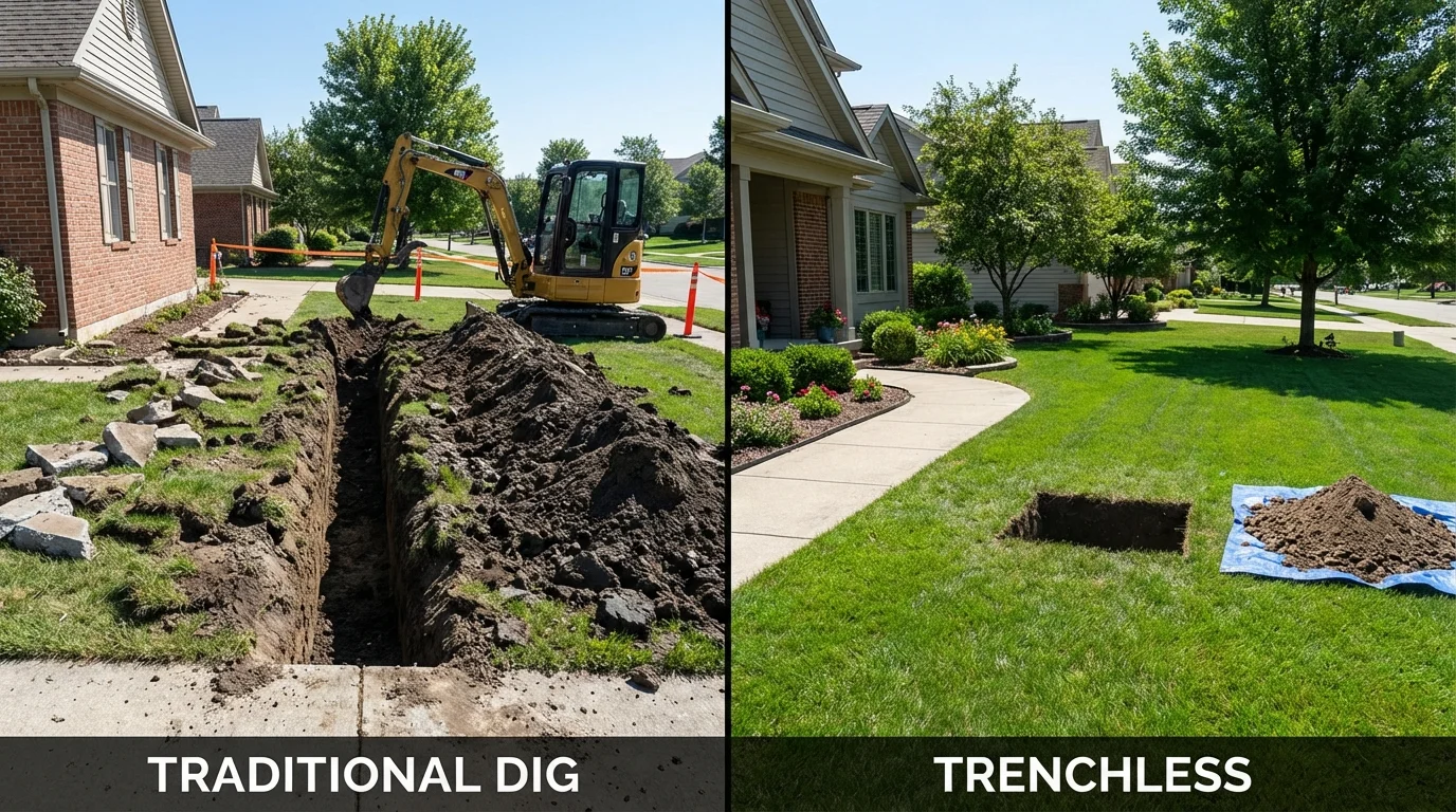 Trenchless sewer repair with minimal yard damage versus traditional excavation in Brusly, LA