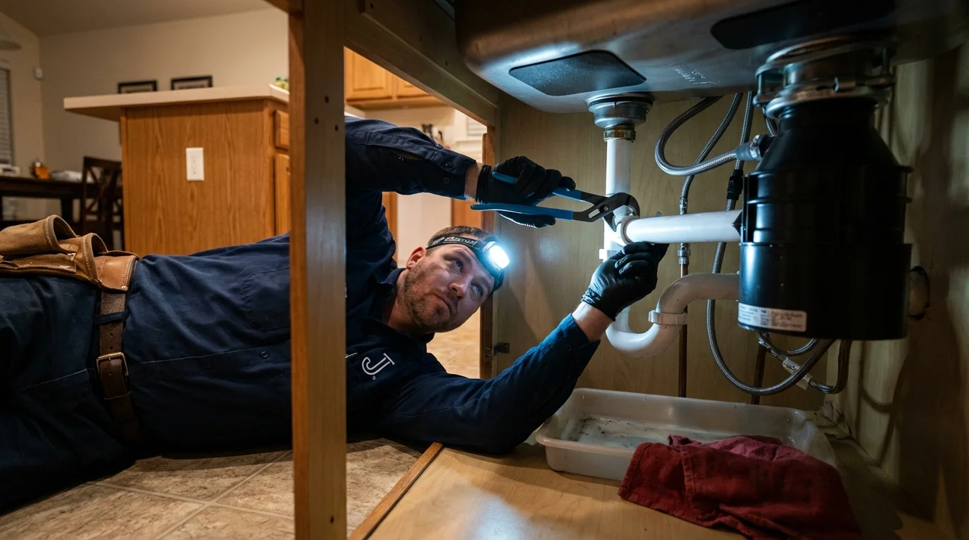 P-trap and supply line connections under a kitchen sink showing a common leak point in Brusly, LA